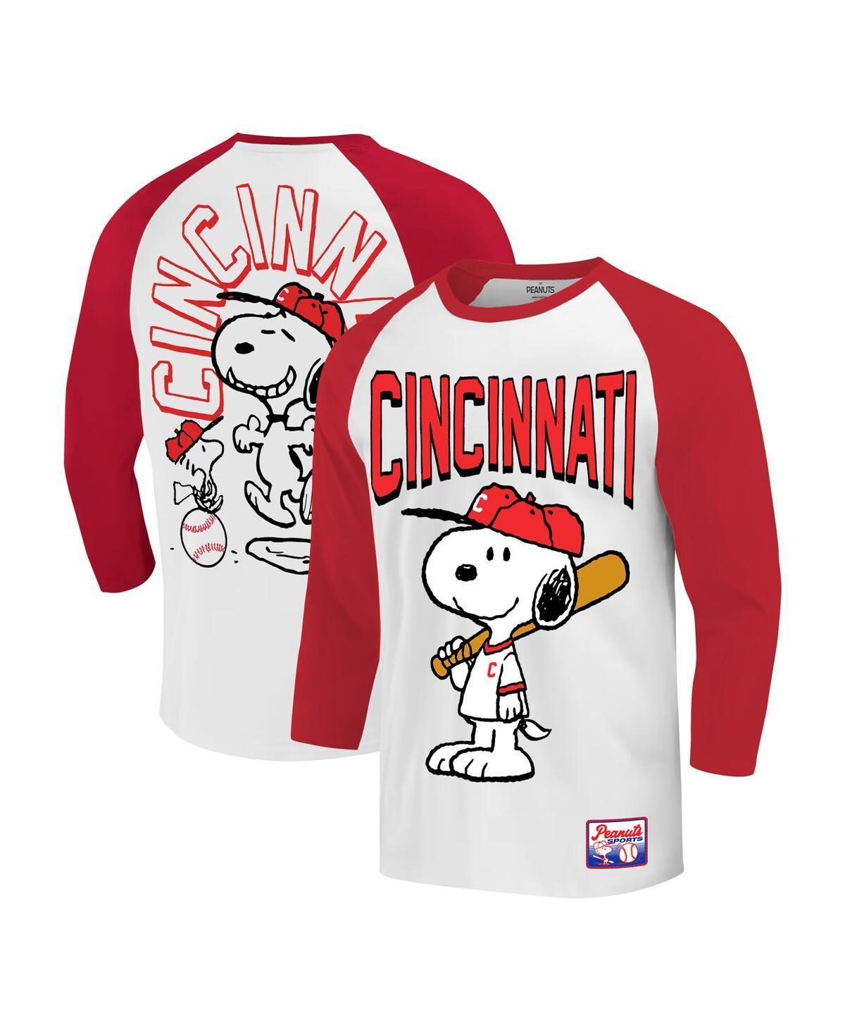 Ripple Junction Mens White/Red Peanuts Cincinnati Baseball Raglan T-Shirt Product Image