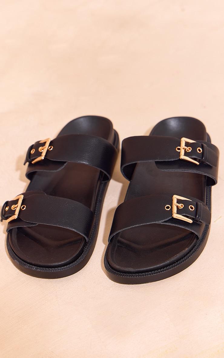 Black Grain PU Round Toe Double Buckle Strap Footbed Sandals Product Image