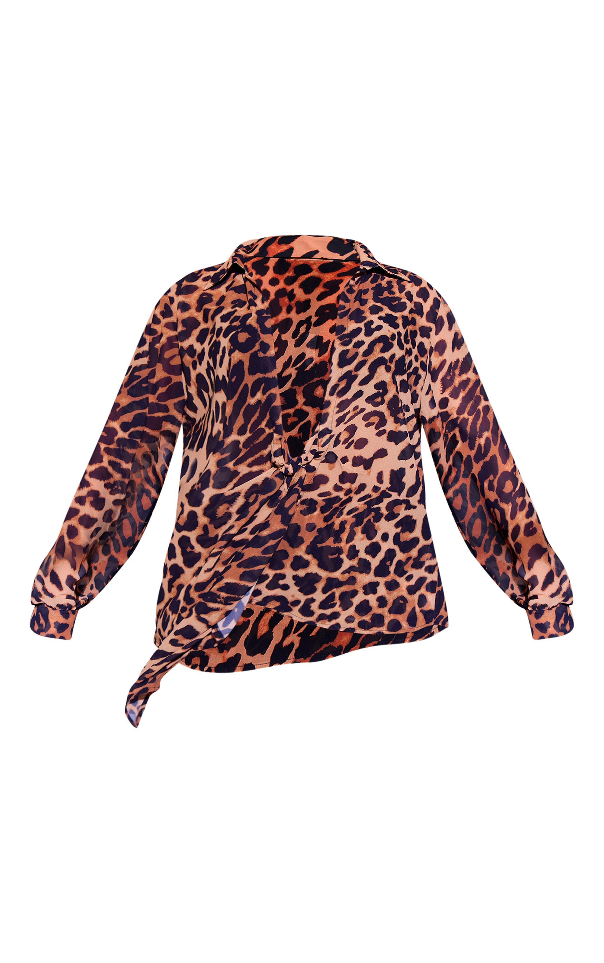 Brown Leopard Print Tie Front Oversized Beach Shirt Product Image