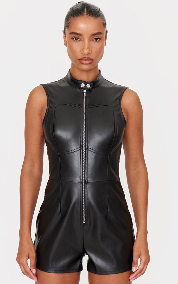 Black Faux Leather Zip Up Sleeveless Romper Product Image