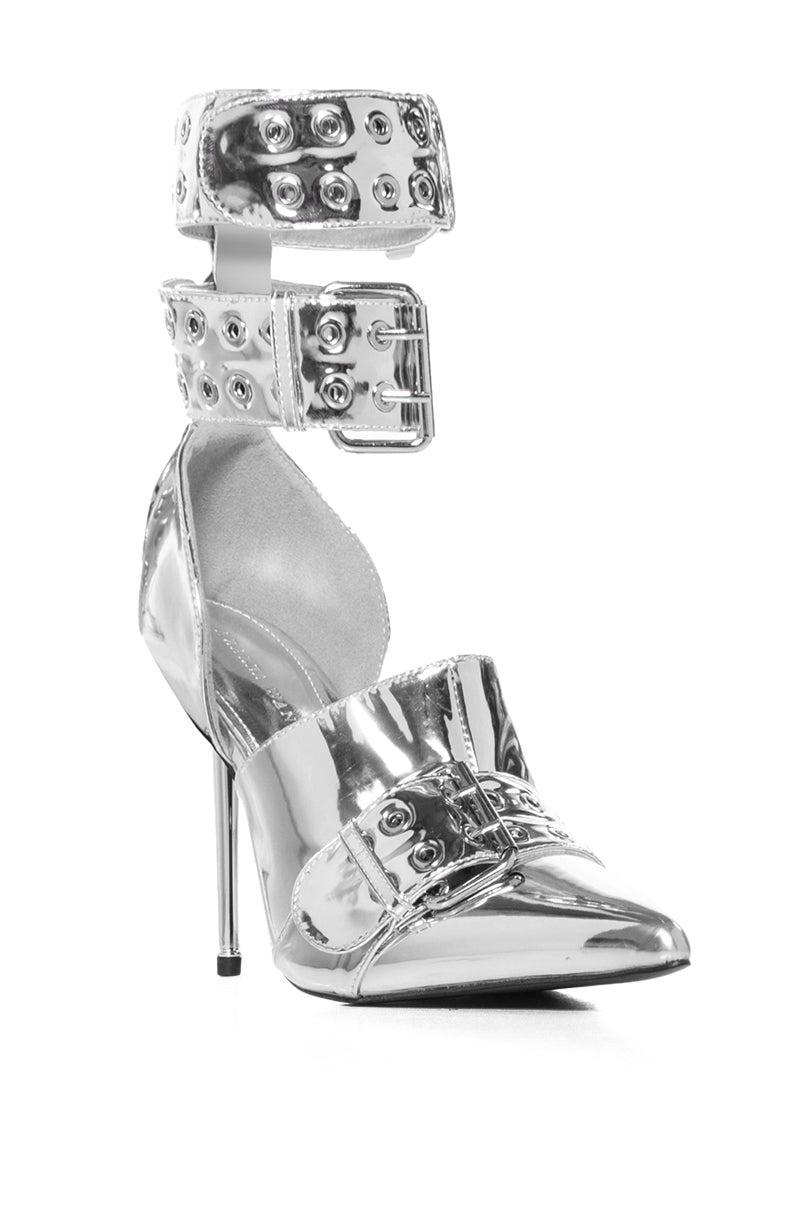 AZALEA WANG CYCLONE METALLIC DOUBLE BUCKLE STRAP PUMP IN SILVER Product Image