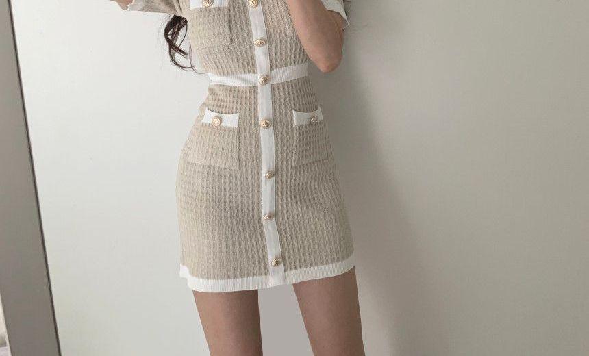 Short-Sleeve Contrast Trim Bodycon Knit Dress Product Image