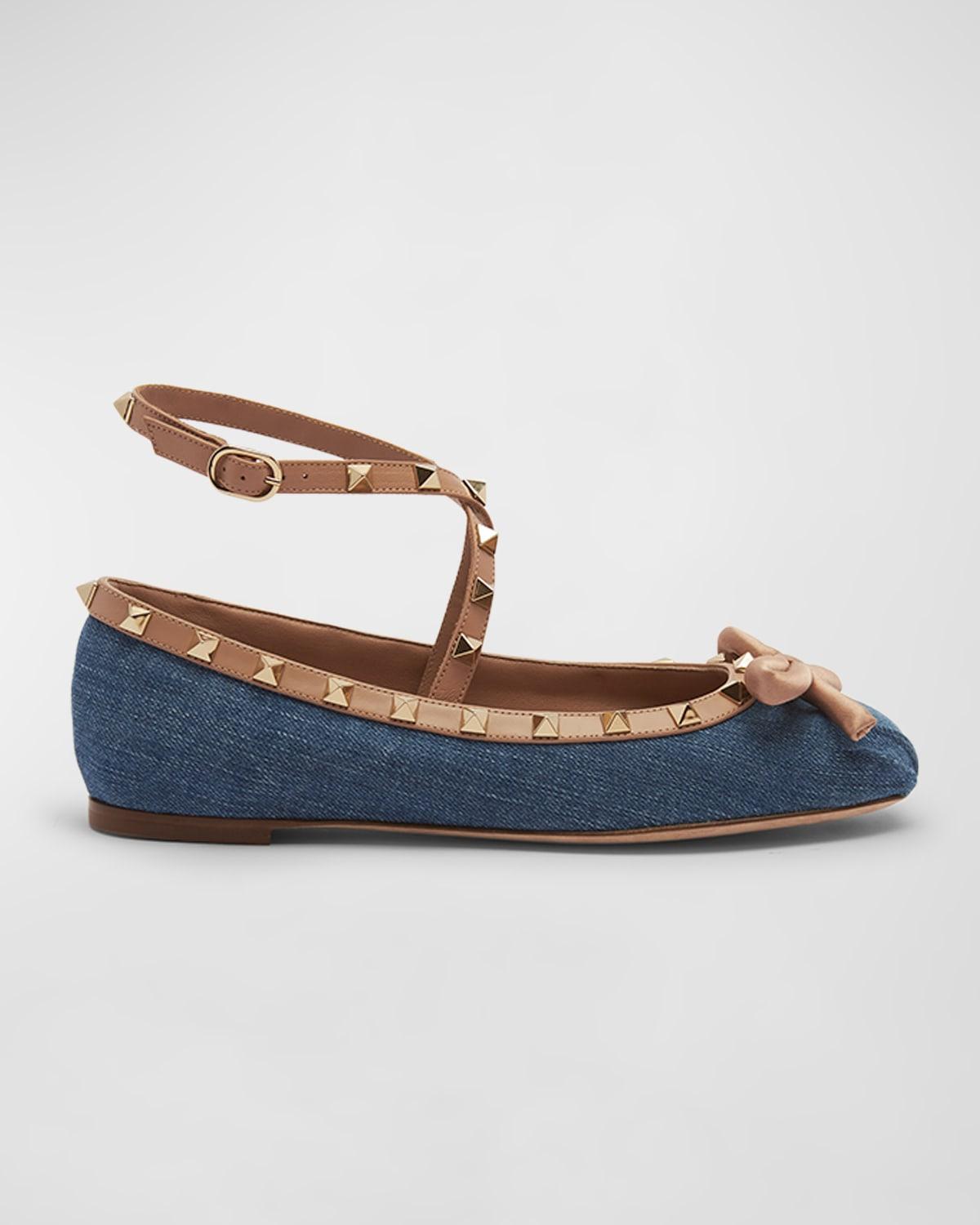 Rockstud Denim Ankle-Strap Ballerina Flats Product Image