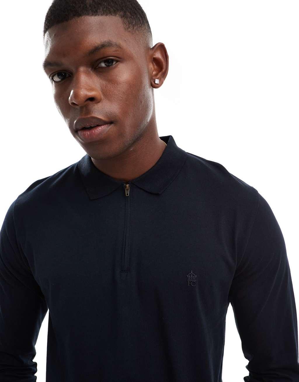 French Connection zip polo shirt in navy Product Image