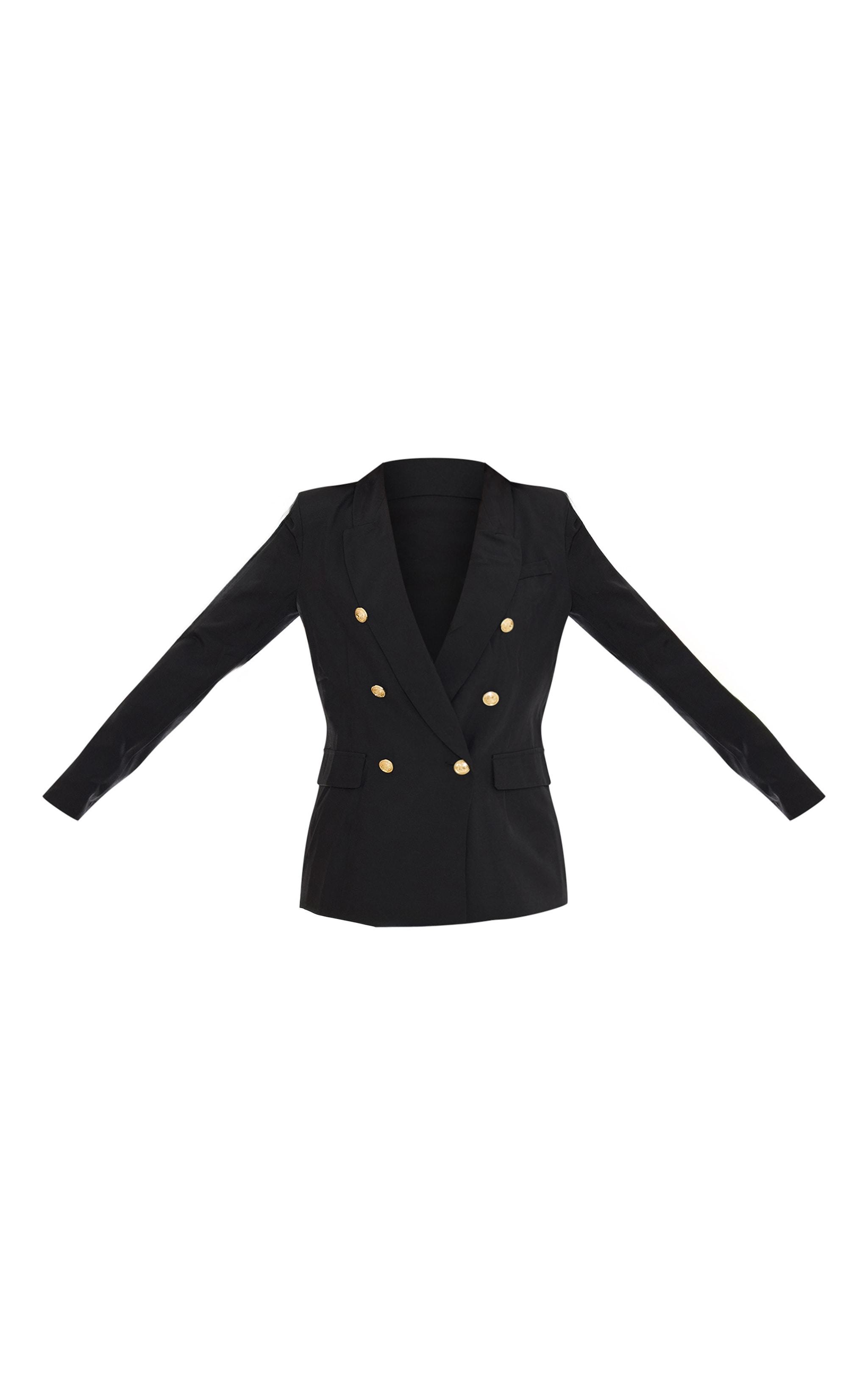 Black Woven Double Breasted Military Style Blazer Product Image