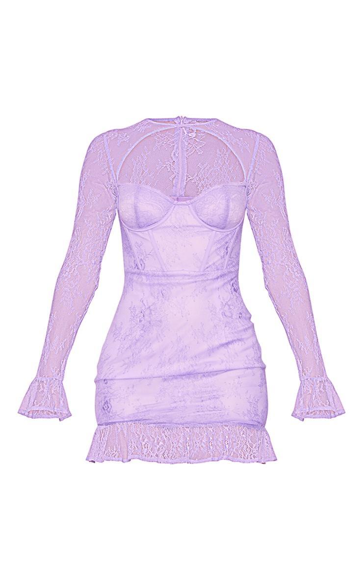 Purple Lace Frill Cuff Corset Detail Bodycon Dress Product Image