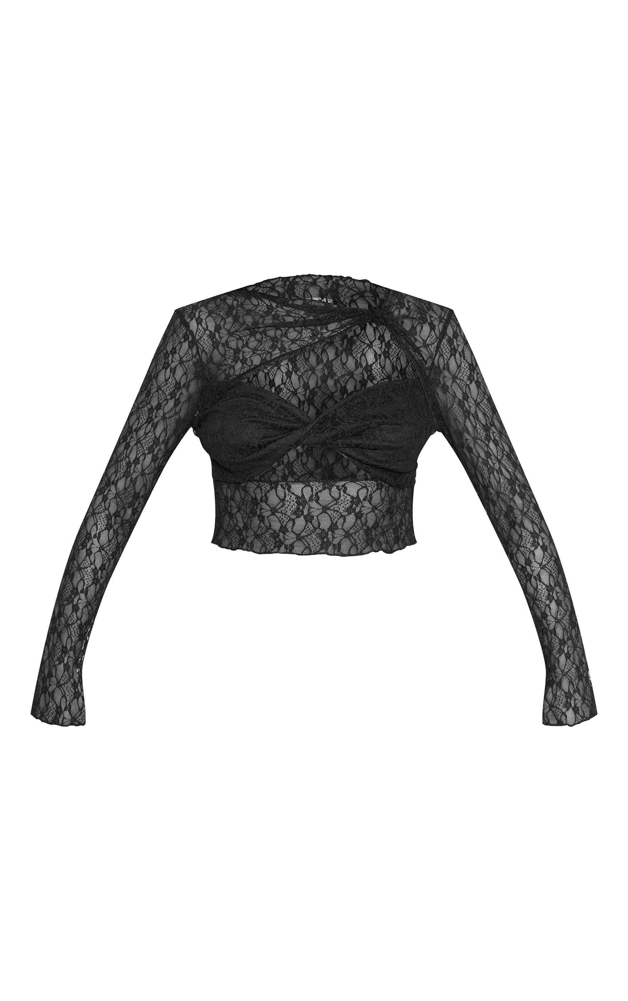 Black Lace Twist Neck Cut Out Crop Top Product Image