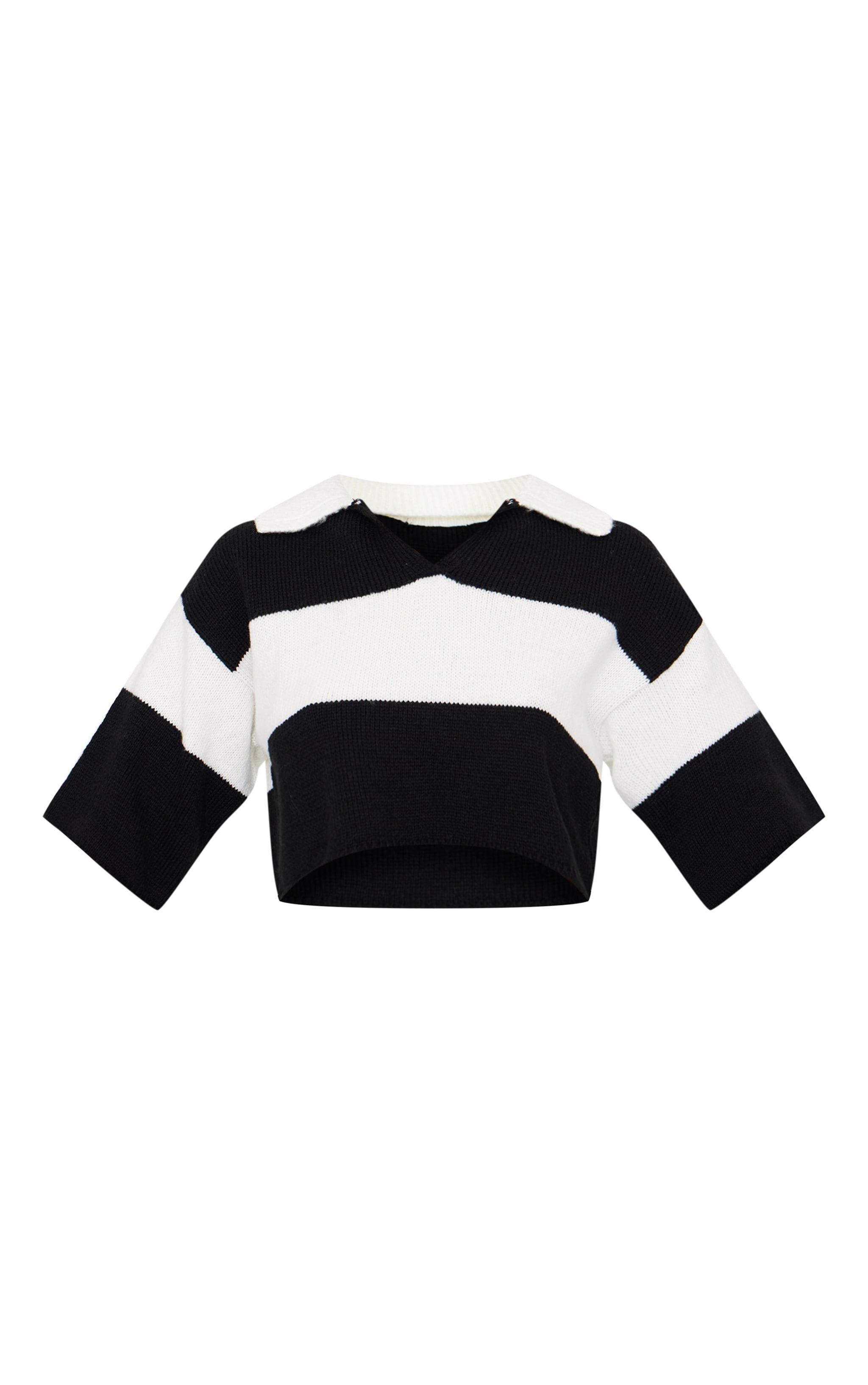 Monochrome Stripe Knit V Neck Cropped Rugby Top Product Image