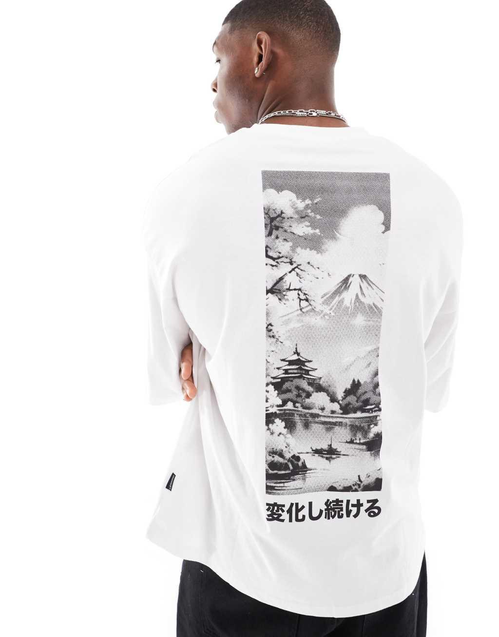 Jack & Jones super oversized photographic mountain back print T-shirt in white Product Image