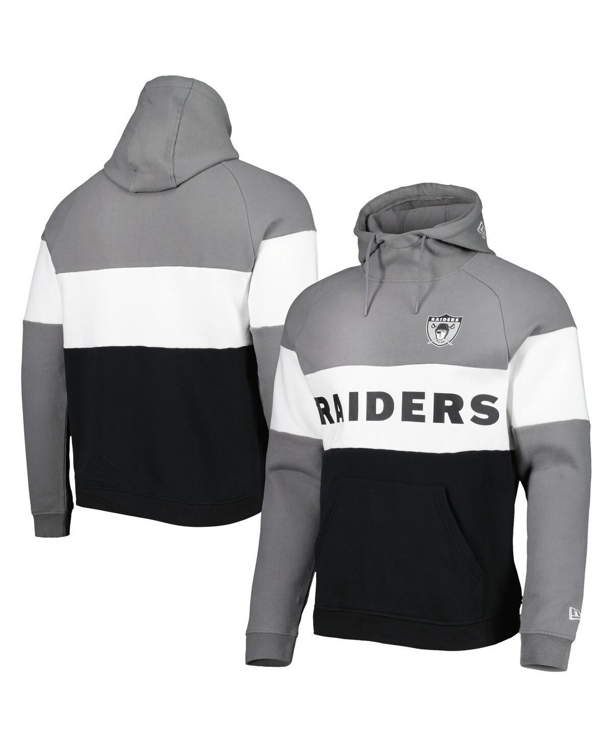 Mens New Era Black/Silver Las Vegas Raiders Colorblock Throwback Pullover Hoodie Product Image