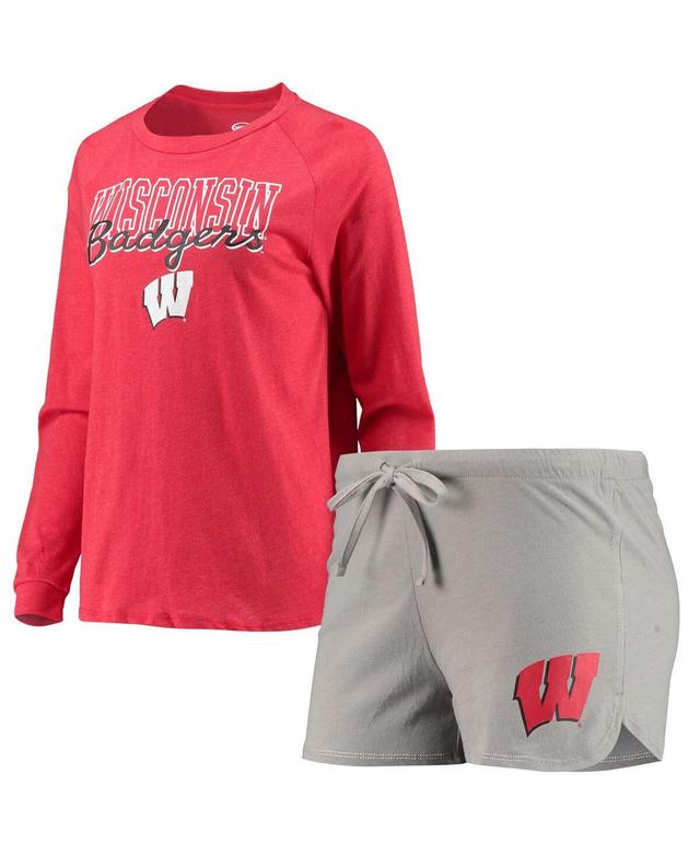 Womens Concepts Sport Heathered Red/Gray Wisconsin Badgers Raglan Long Sleeve T-Shirt & Shorts Sleep Set Product Image