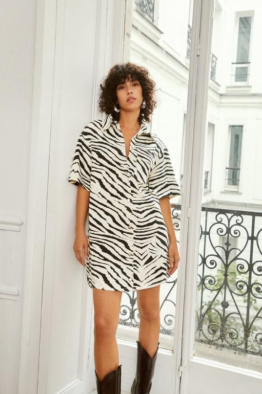 Denim Zebra Print Shirt Dress Product Image