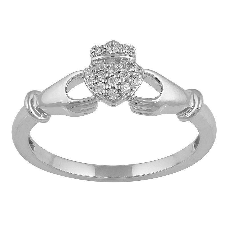 Sterling Silver 1/10 Carat T.W. Diamond Claddagh Ring, Womens White Product Image