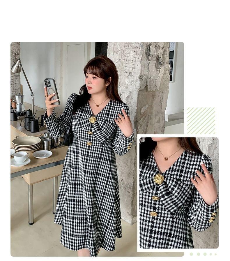 Plus Size Long-Sleeve V-Neck Plaid Bow Midi A-Line Dress Product Image