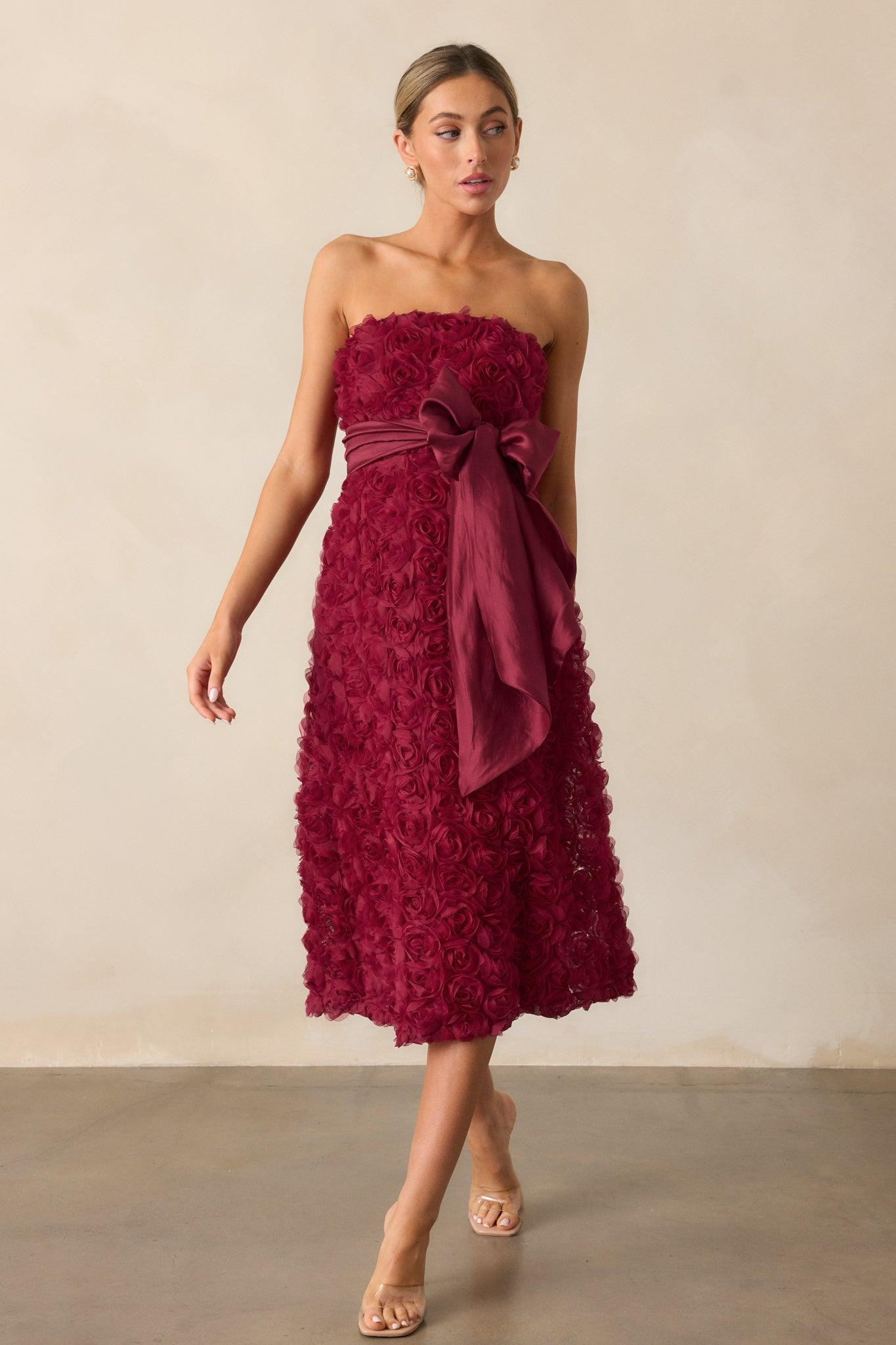 Raising The Bar Wine Floral Applique Midi Dress Product Image