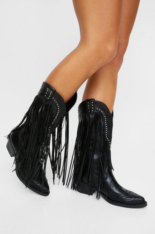 Faux Leather Tassel Studded Western Boots Product Image