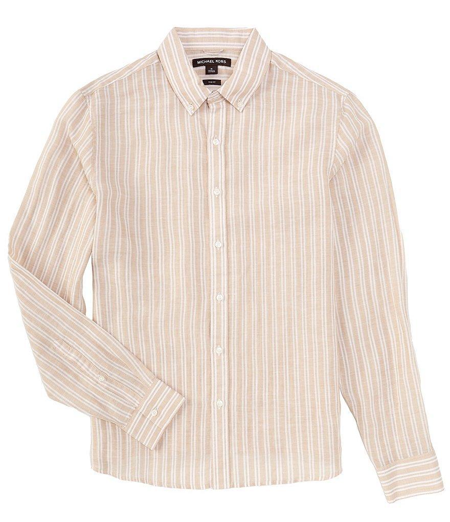 Michael Kors Slim Fit Linen Blend Halo Stripe Long Sleeve Woven Shirt Product Image