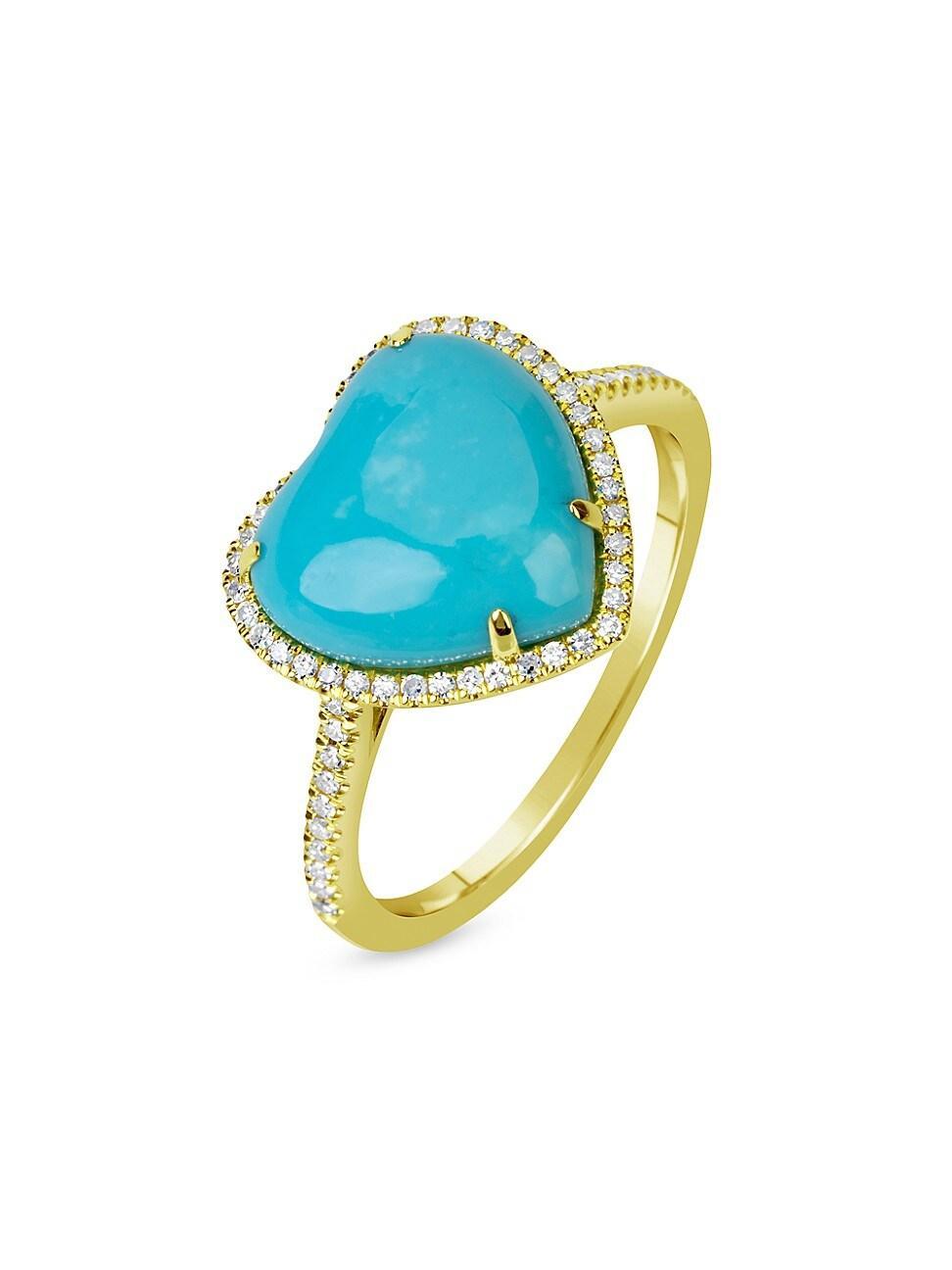 Womens 14K Yellow Gold, Turquoise, & 0.16 TCW Diamond Heart Ring Product Image