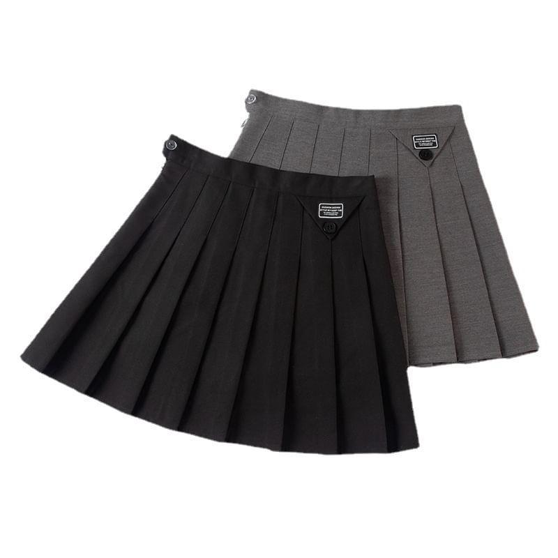 High Rise Lettering Applique Pleated Mini A-Line Skirt Product Image