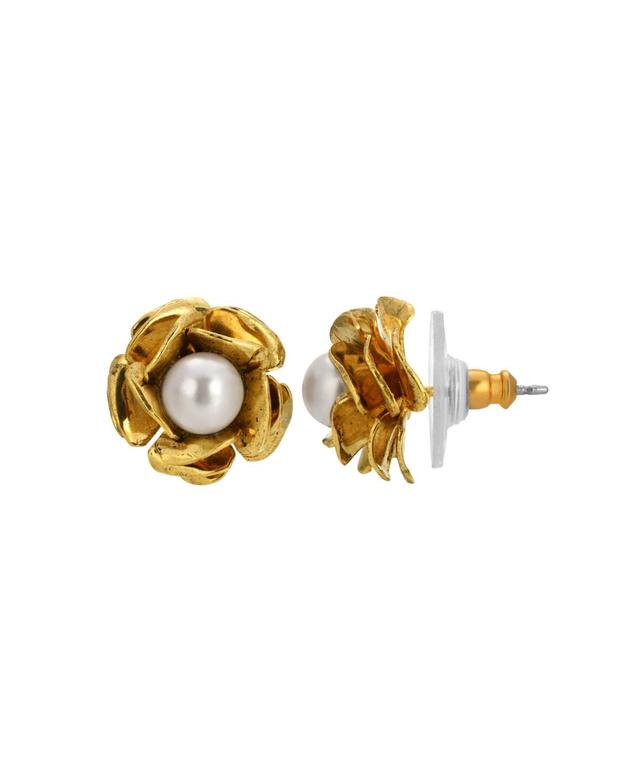 1928 Gold Tone Simulated Pearl Flower Stud Earrings, Womens, White Product Image