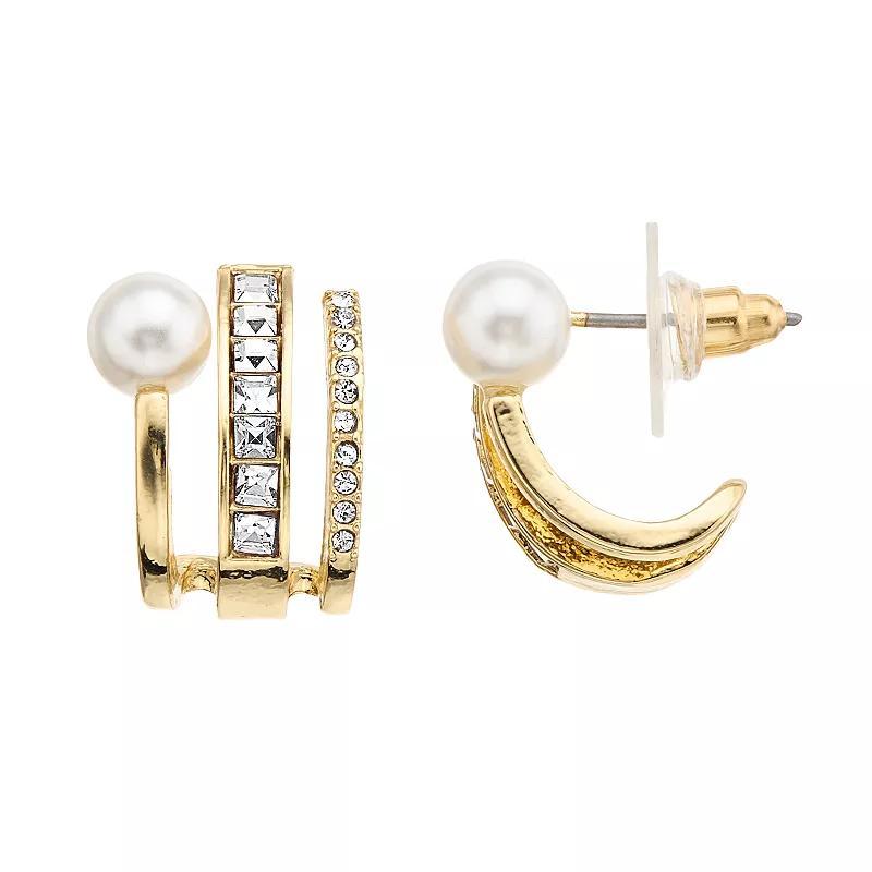 PANNEE BY PANACEA Crystal & Simulated Pearl Triple Row Huggie Earrings, Womens, Gold Product Image