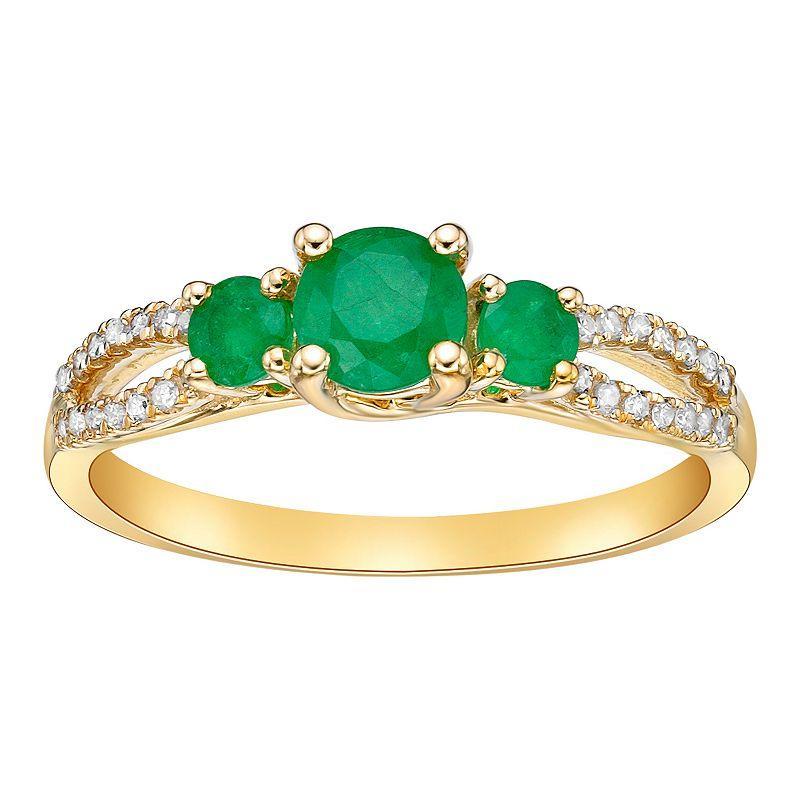 Gemminded 10k Gold 1/8 Carat T.W. Diamond & Emerald 3-Stone Ring, Womens Green Product Image