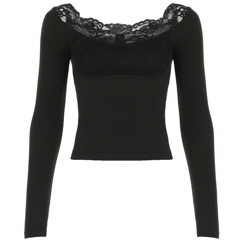 Long Sleeve Scoop-Neck Plain Lace Panel Slim-Fit Crop Top Product Image