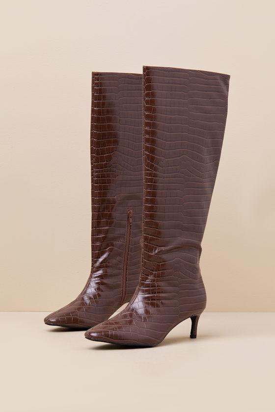 Rohmer Chocolate Croc-Embossed Over-the-Knee Boots Product Image