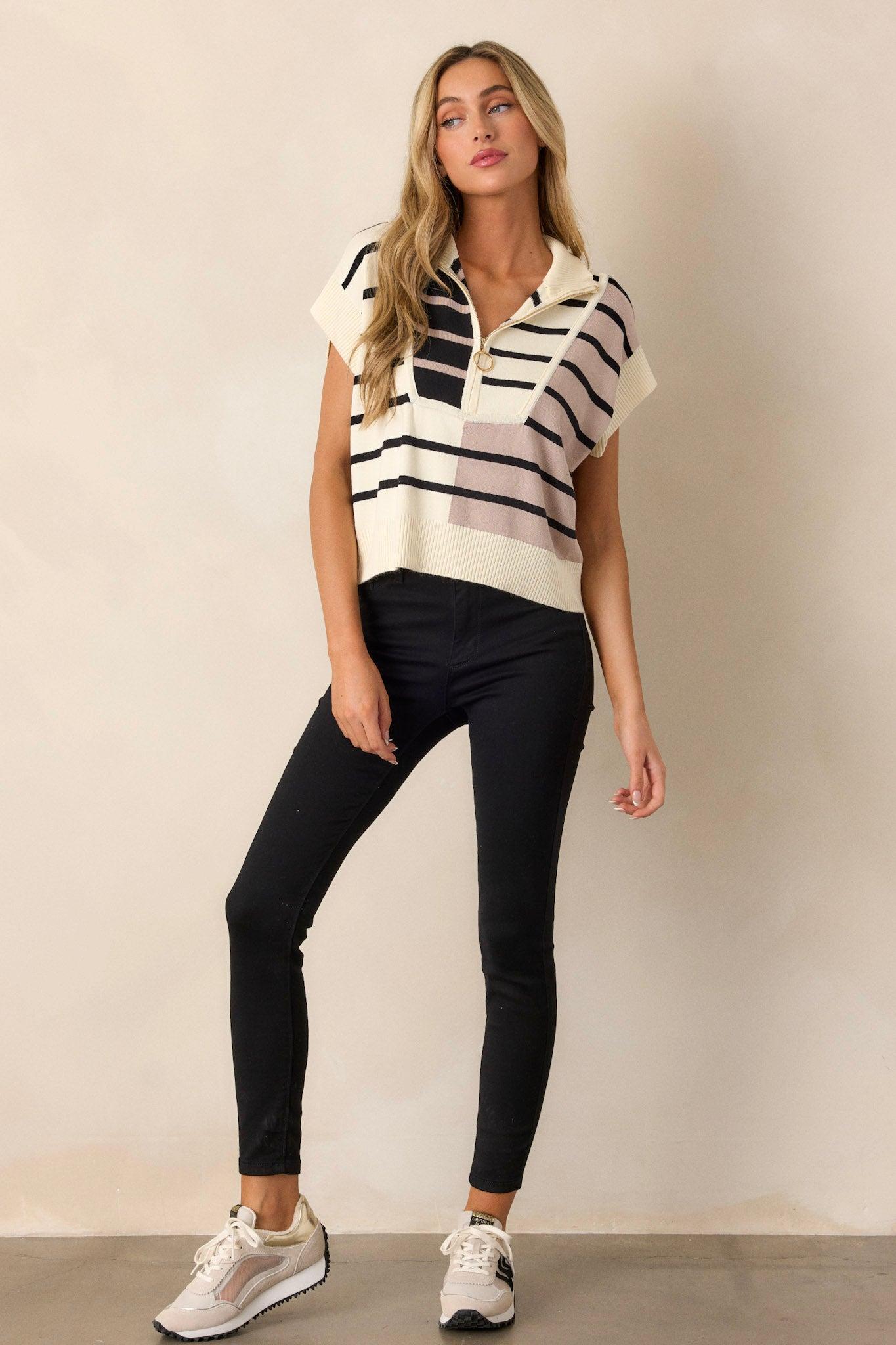 Bold Bands Beige Stripe Half-Zip Sleeveless Sweater Product Image