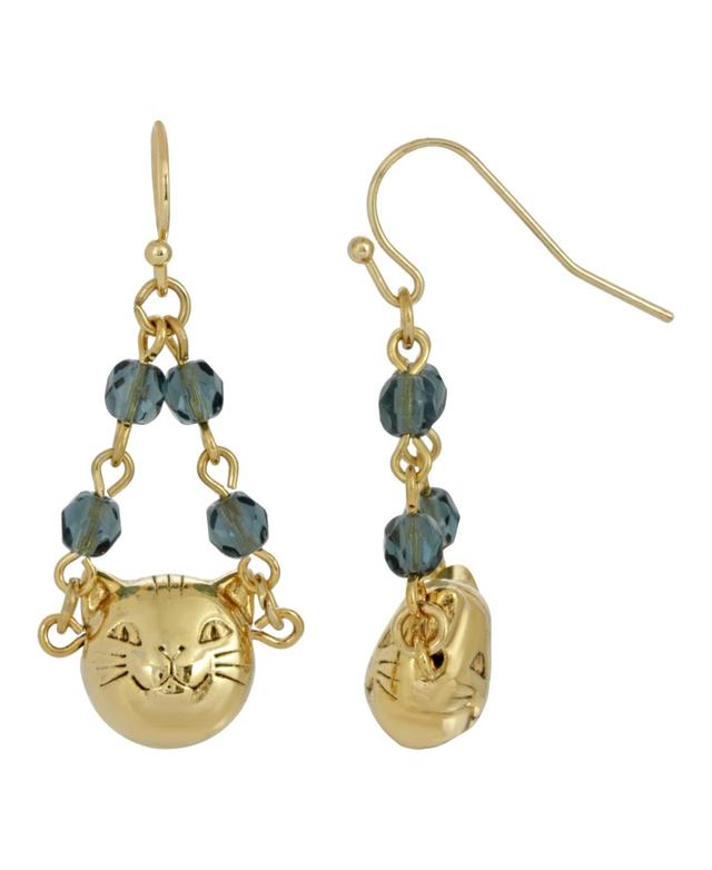 1928 Gold Tone Cat Face & Blue Beaded Chain Drop Earrings, Womens Product Image