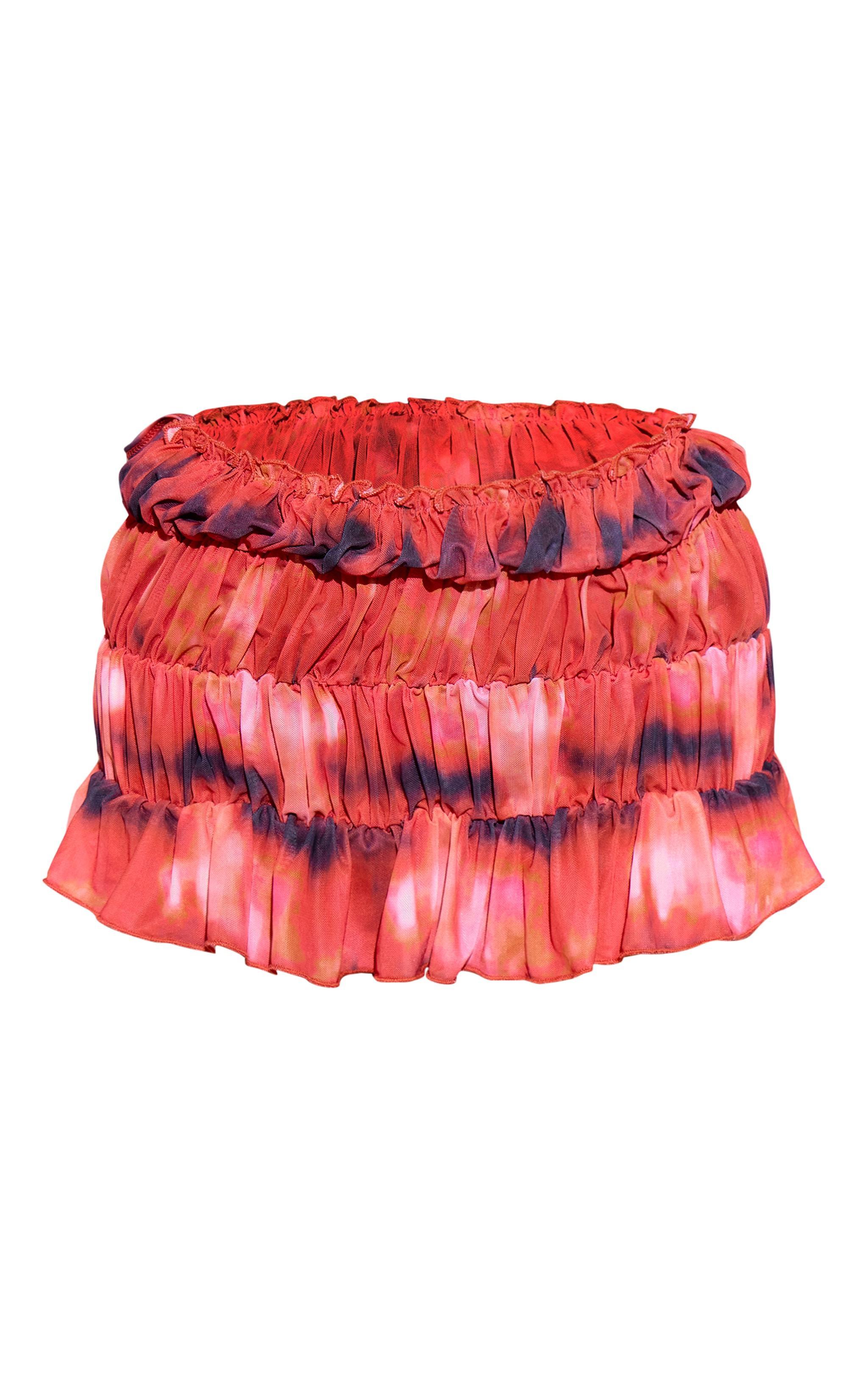 Red Tie Dye Tiered Frill Mesh Beach Skirt Product Image