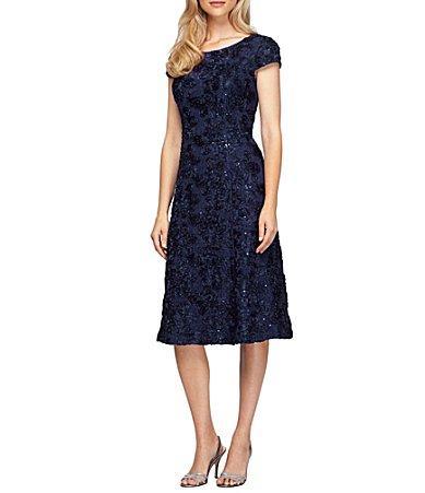 Alex Evenings Tea Length A-Line Rosette Dress Women's Dress Product Image