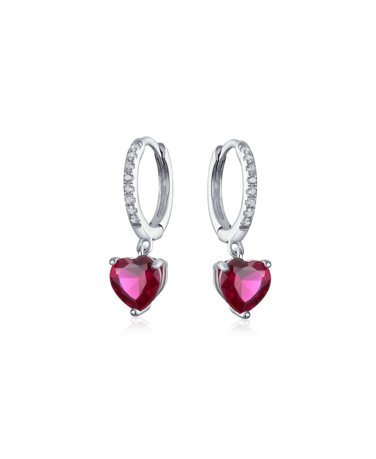 Bling Jewelry Romantic Fuchsia Cubic Zirconia Simulated Cz Ruby Heart Huggie Hoop Lever back Dangling Earrings For Women Girlfriend Sterling Silv Product Image