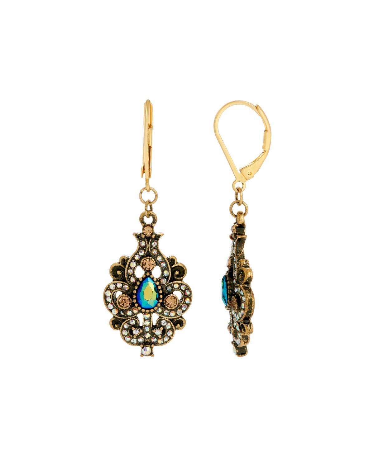 1928 Antiqued Gold Tone Aurora Borealis Simulated Crystal Ornate Earrings, Womens, Multi Product Image