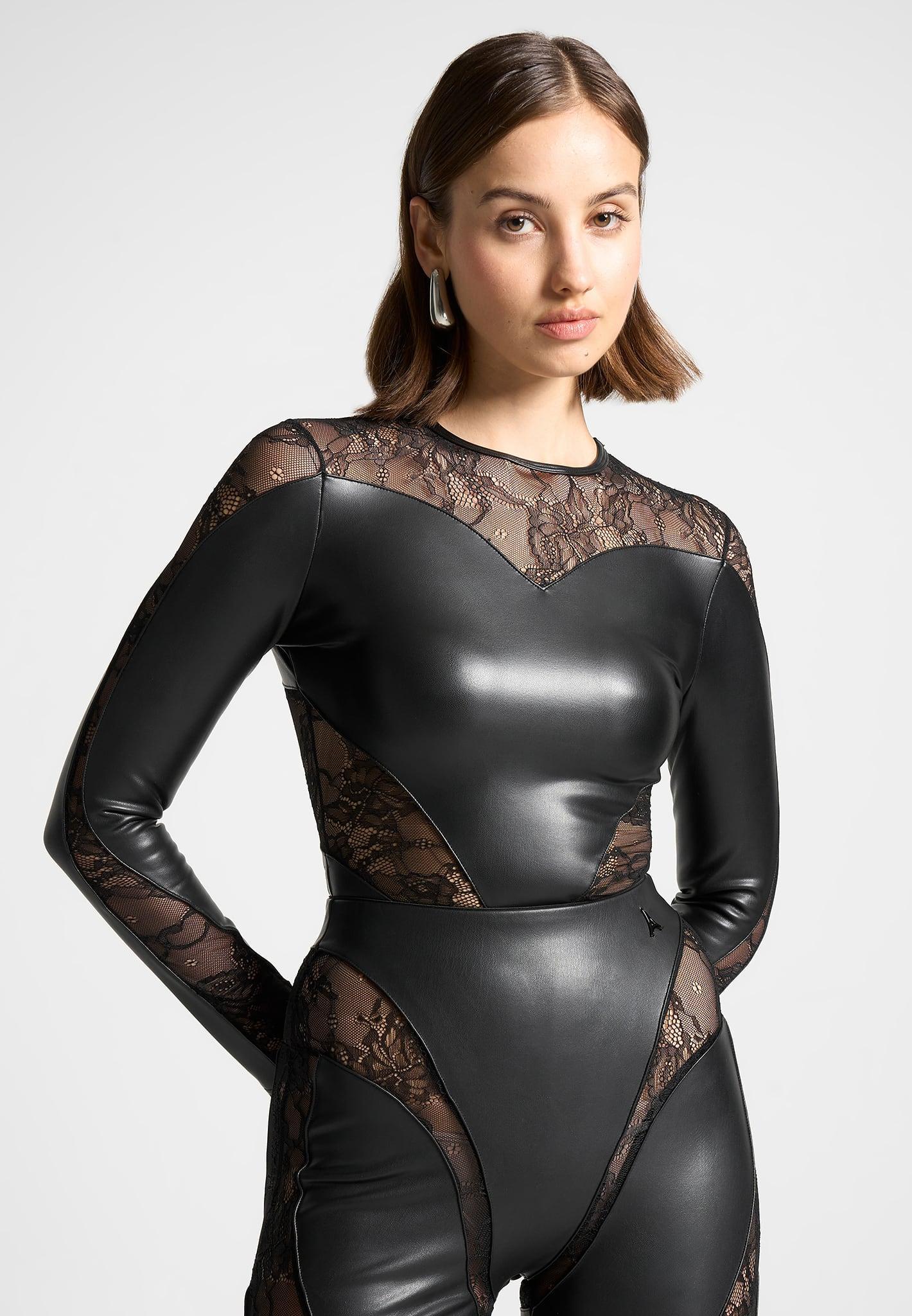 Vegan Leather and Lace Contour Bodysuit - Black Female Product Image