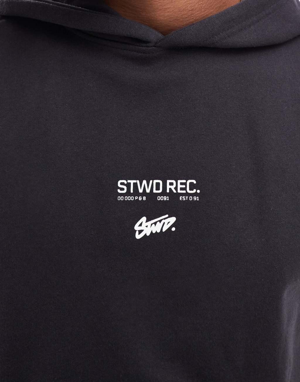 Pull&Bear oversized stwd records back printed hoodie in washed black  Product Image