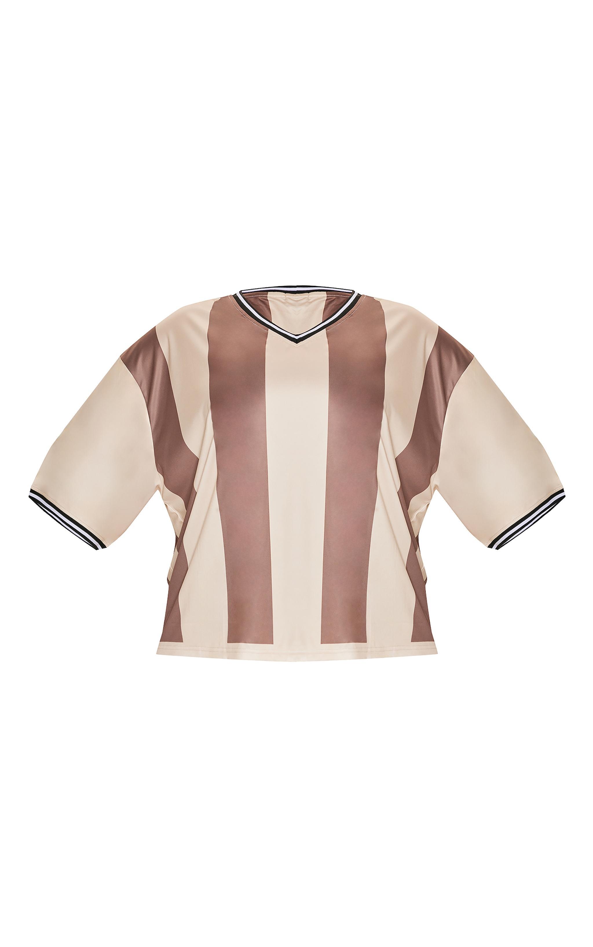 Plus Brown Striped V Neck Oversized Football T Shirt Product Image