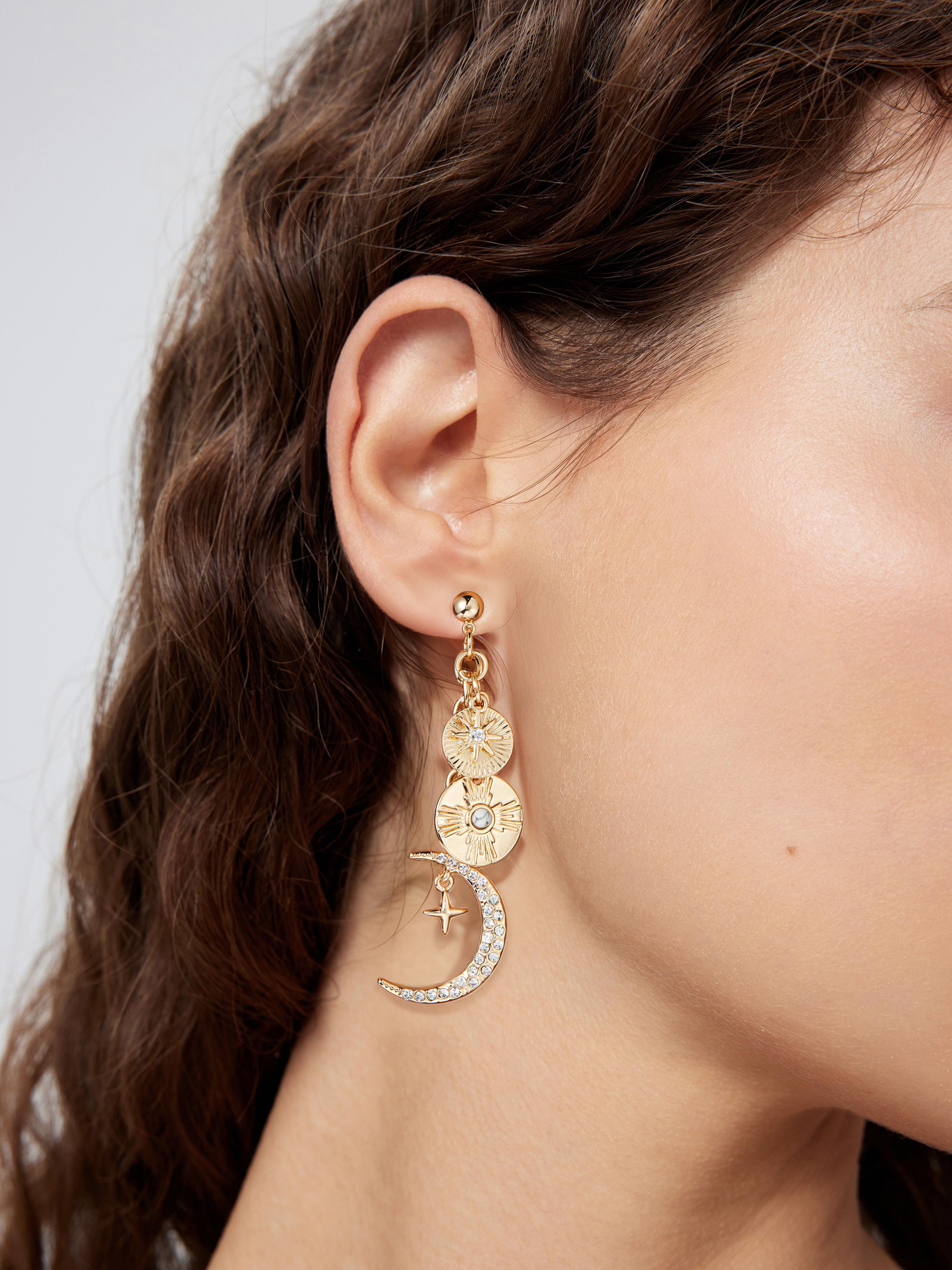 MOON & STAR CELESTIAL COIN DANGLE EARRINGS Product Image