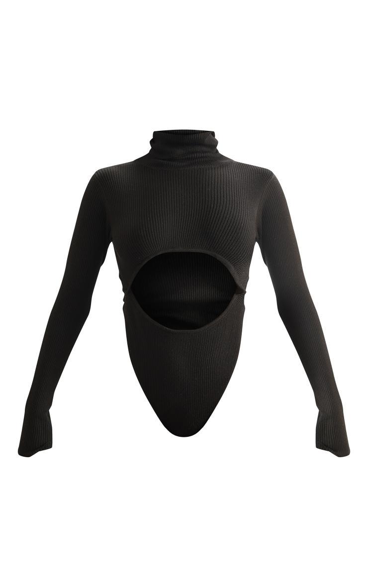 Black Rib Knit Cut Out Front Bodysuit Product Image