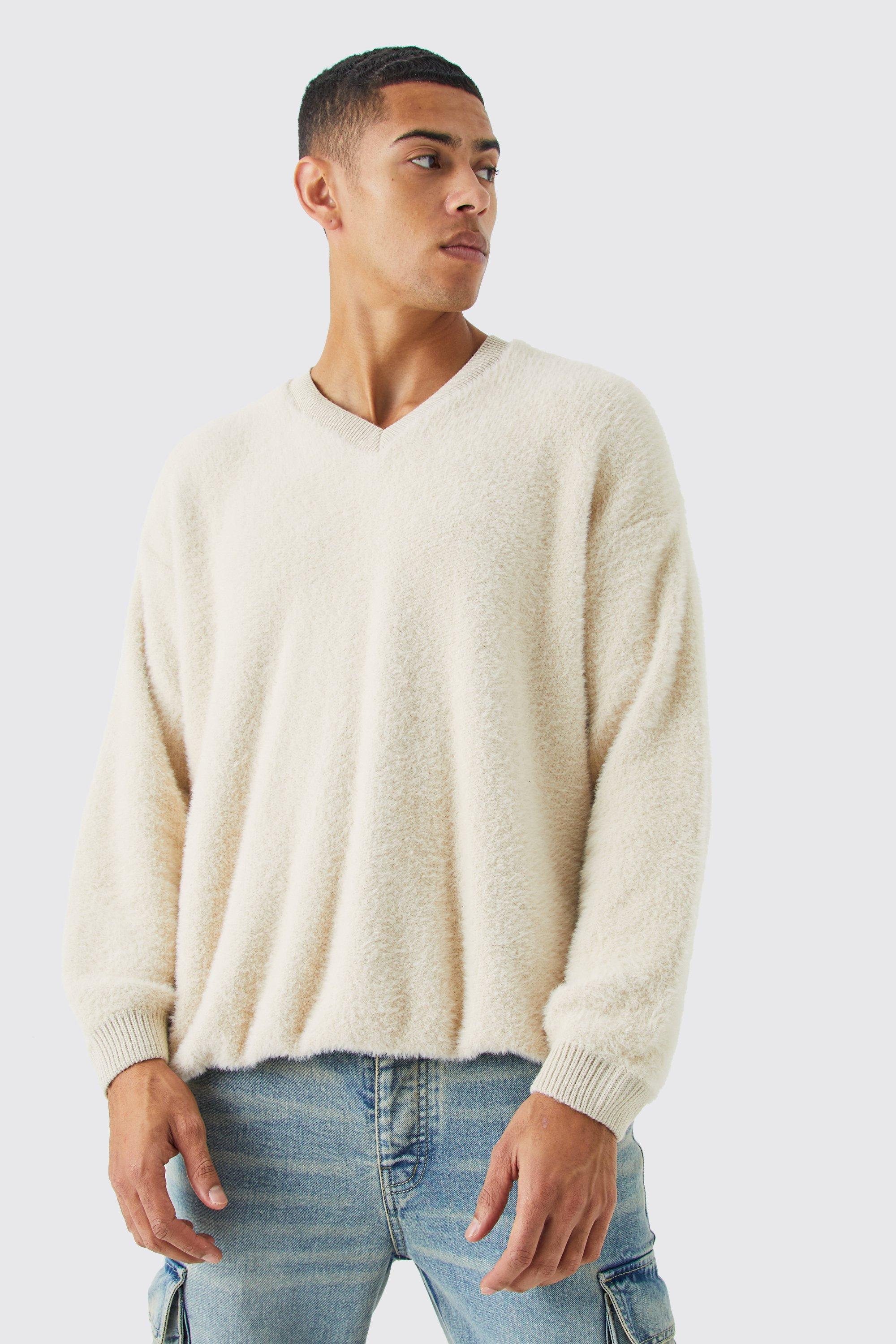 Fluffy Contrast V Neck Boxy Jumper | boohooMAN USA Product Image