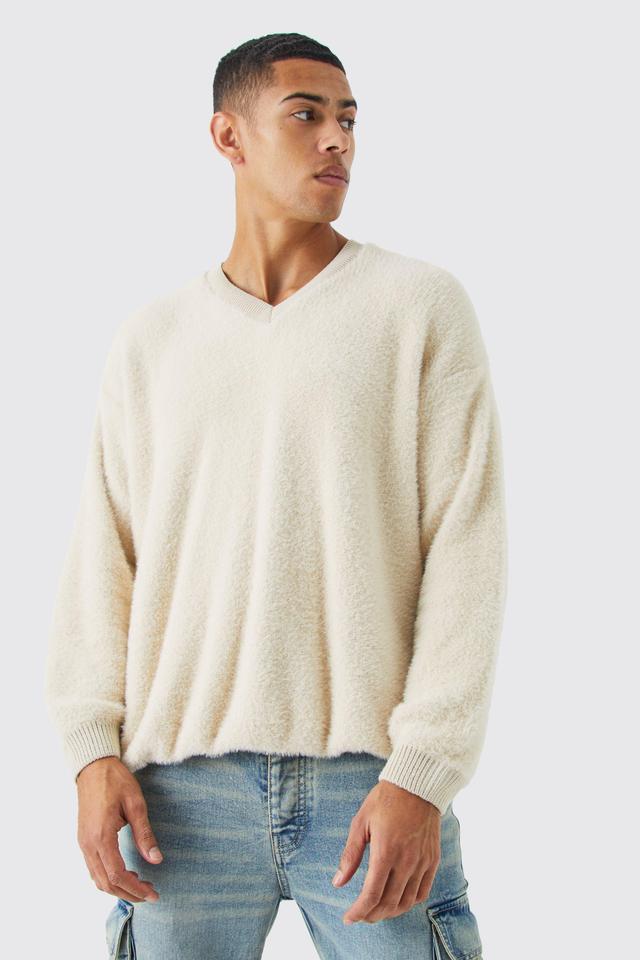 Fluffy Contrast V Neck Boxy Jumper | boohooMAN USA Product Image