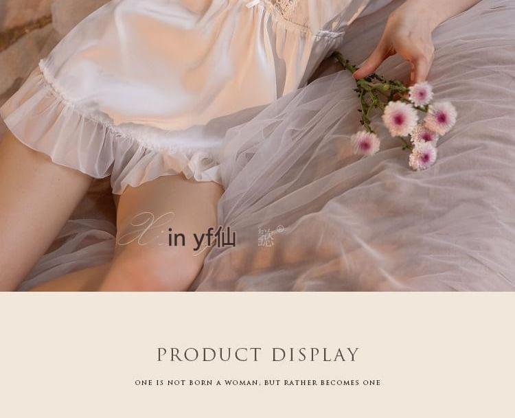 Sleeveless V-Neck Plain Lace Panel Nightdress Product Image