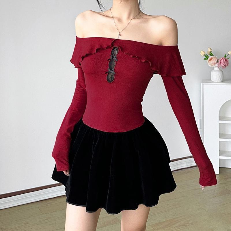 Long Sleeve Off-Shoulder Ruffled-Trim Bow Accent Velvet Panel Color-Block Mini Dress Product Image