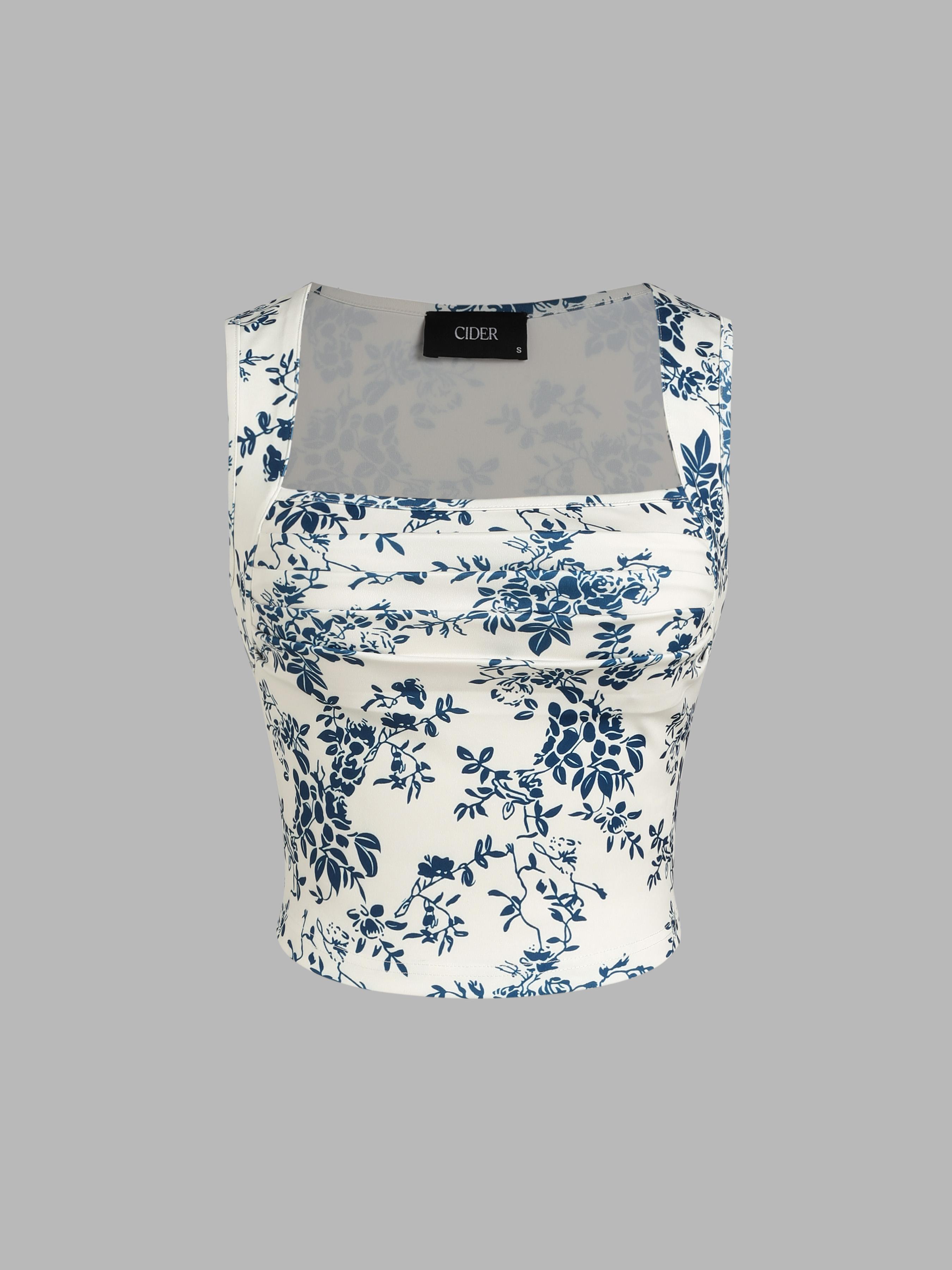 Floral Ruched Square Neck Crop Tank Top product image