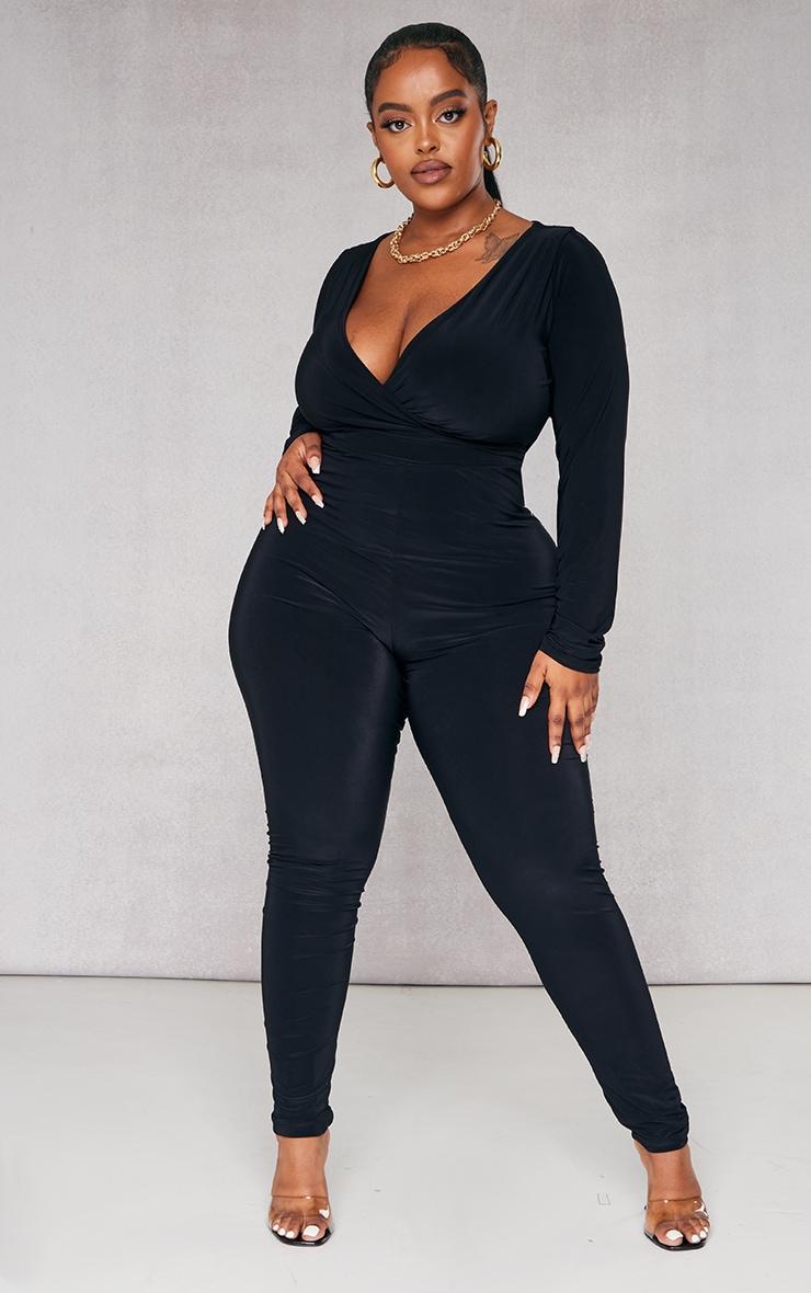 Plus Black Wrap Front Long Sleeve Catsuit Product Image