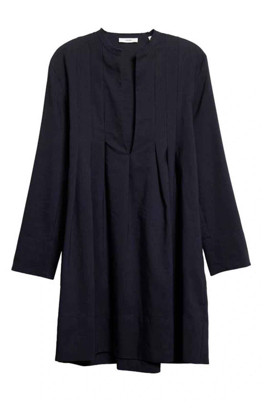 Vince Pleat Detail Long Sleeve Linen & Cotton Blend Trapeze Dress Product Image