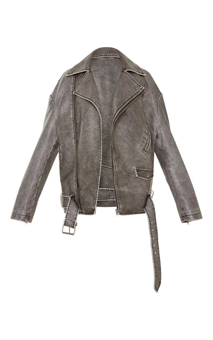 Petite Grey Distressed Look Faux Leather Longline Jacket Product Image