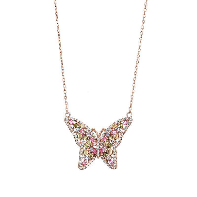 18k Rose Gold Over Silver Multicolor Cubic Zirconia Butterfly Necklace, Womens Pink Tone Product Image