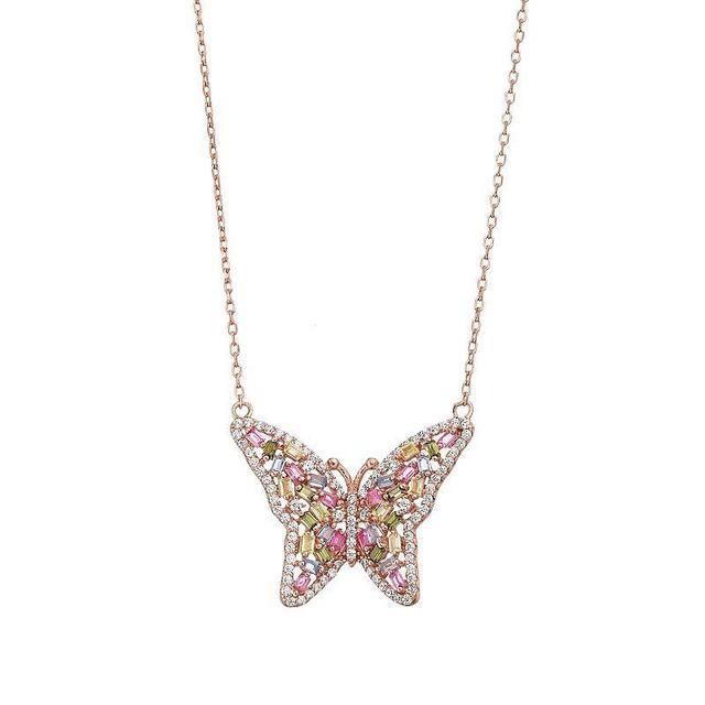 18k Rose Gold Over Silver Multicolor Cubic Zirconia Butterfly Necklace, Womens Pink Product Image