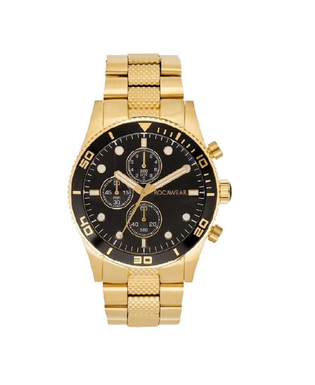 Rocawear Mens Shiny Gold-Tone Metal Bracelet Watch 46.5mm - Black Sunray, Shiny Gold-Tone Product Image